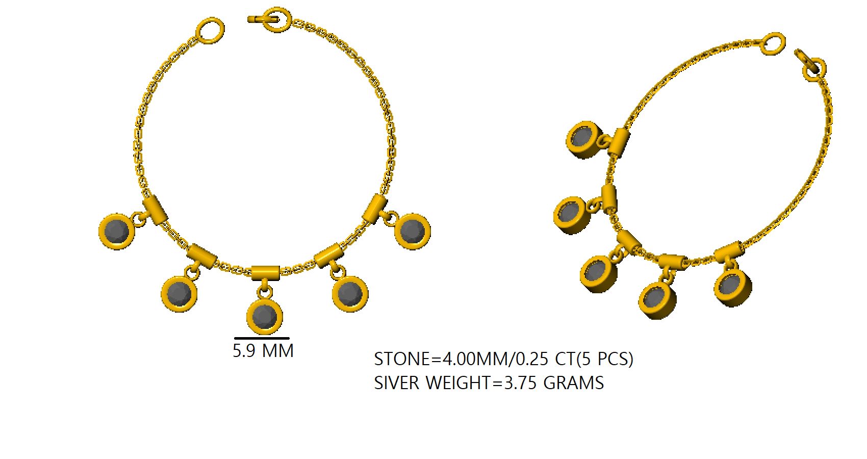 RKC 925 стерлингового срэбра 1,25 карата Муасаніт, круглы жаночы бранзалет з жоўтым пазалотай 14 карат, маса 3,75 г