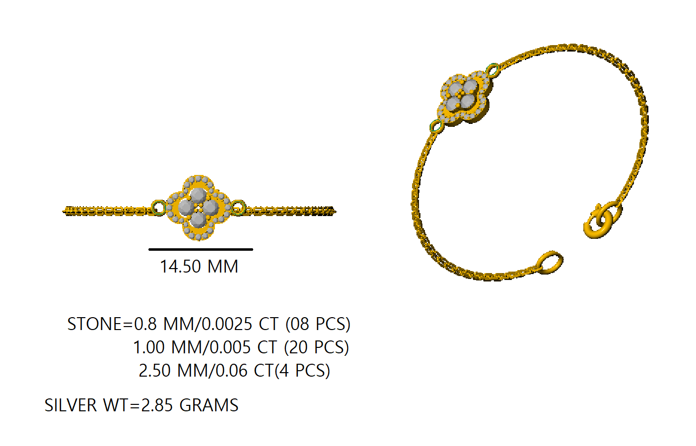 RKC 925 Sterling Silver 1.00Ct Moissanite Floral Women's Bracelet 14K Yellow Gold Plated Wt 2.85gm