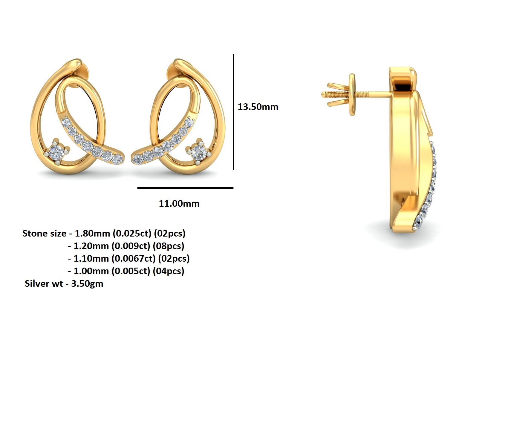 RKC 925 стерлингового срэбра Жаночыя завушніцы з пірсінгам у вушах, 14 карат, ружы больш за 3,50 г, вышыня 13,50 мм