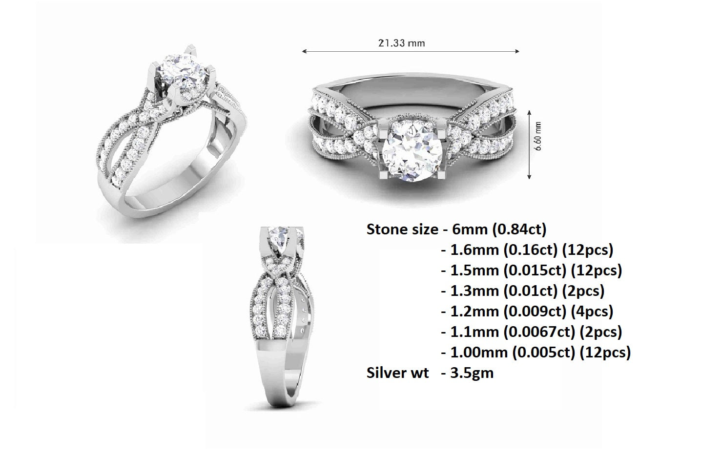 Жаночы вясельны вясельны пярсцёнак RKC з круглага муасаніта 925 са срэбра, вагой 3,5 г