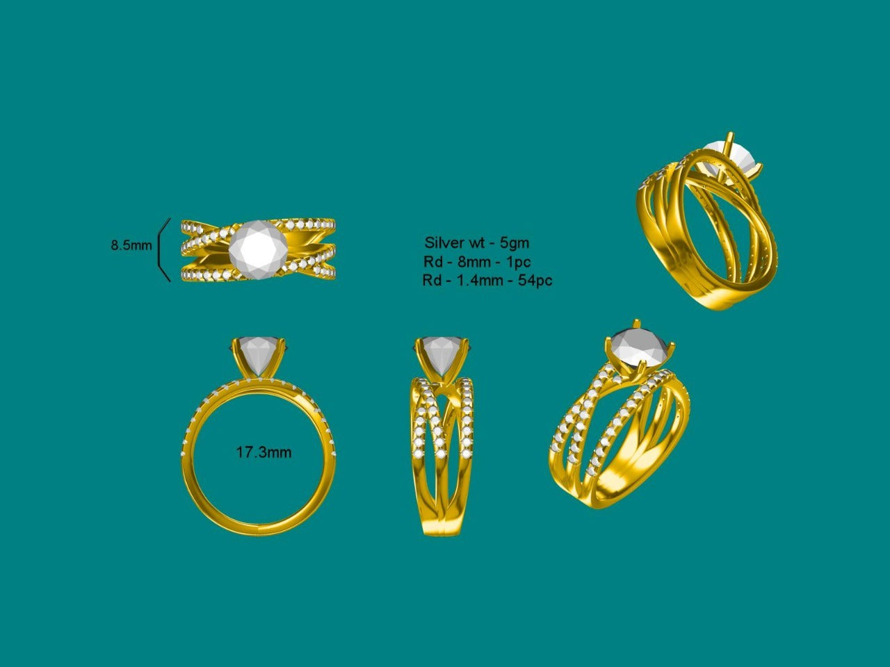 RKC Cross Over Round Moissanite Promise Ring 925 Sterling Silver 14K Yellow Gold Over Wt 5 gm