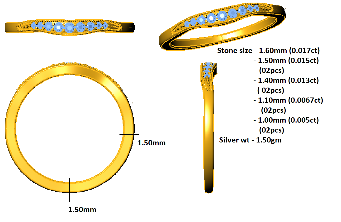RKC 925 срэбра 14 карат з жоўтым пазалочаным круглым вытанчаным раменьчыкам з муасаніта для яе Вага 1,50 г, шырыня 1,4 мм