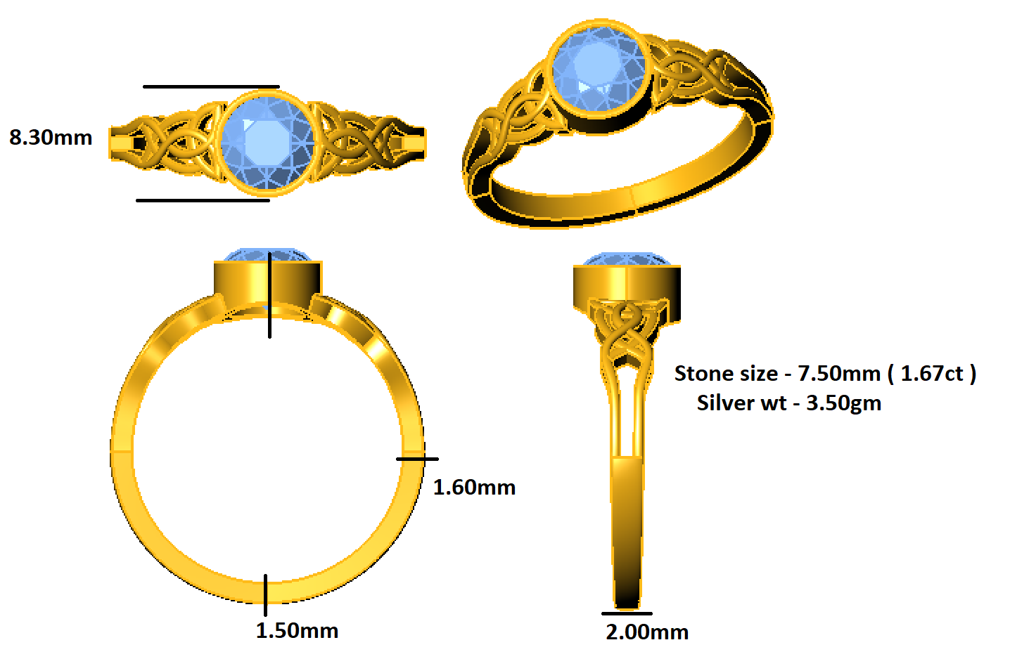 Заручальны пярсцёнак-пас'янс з муасанітам круглай агранкі RKC, 14-каратнае жоўтае пазалочанае срэбра 925 пробы, вага 3,50 г, шырыня 2 мм