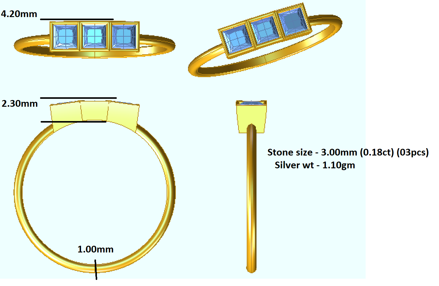 RKC 925 стерлингового срэбра Тры прынцэсы муасаніт заручальны пярсцёнак 14K жоўтае золата з пакрыццём Вага 1,10 г