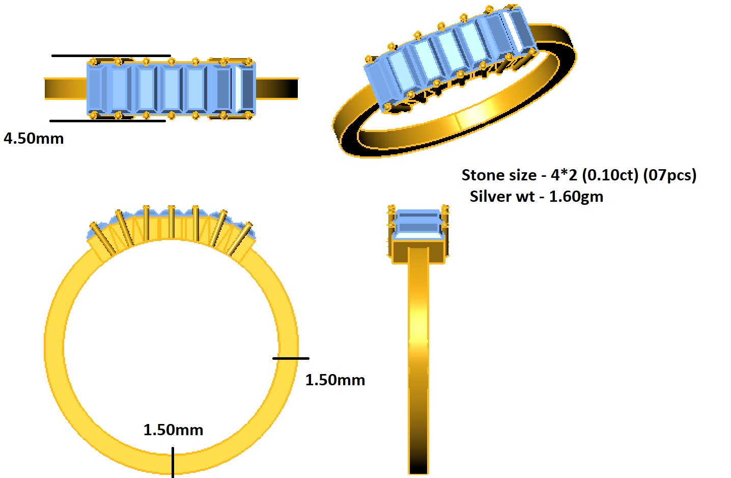 RKC Moissanit-Baguette-Ring mit sieben Steinen, Verlobungsring aus 925er Silber, 14 Karat Gelbgold vergoldet, Gewicht 1,60 g, Breite 1,50 mm