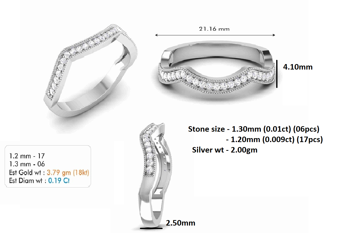 RKC Moissanite Women's Curved Wedding Band For Bride 925 Silver 14K Yellow Gold Plated Wt 2 gm Width 2.50 MM