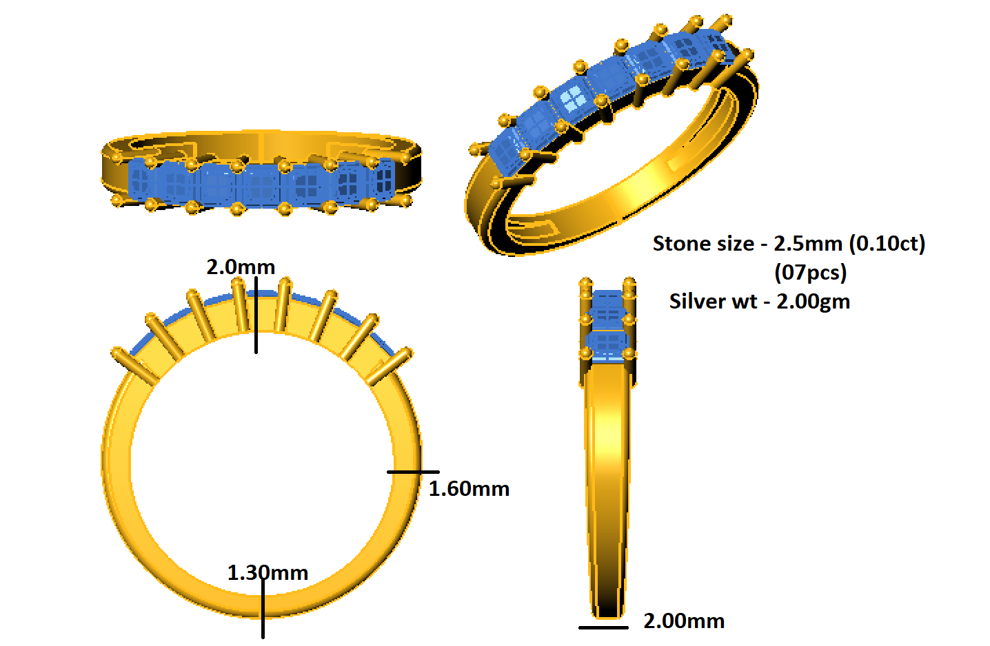 RKC Moissanite Seven Stone Princess Cut Жаночы заручальны пярсцёнак са срэбра 925 пробы, пакрыццё з ружовага пазалоты 14 карат Вага 2 г Шырыня 2 мм