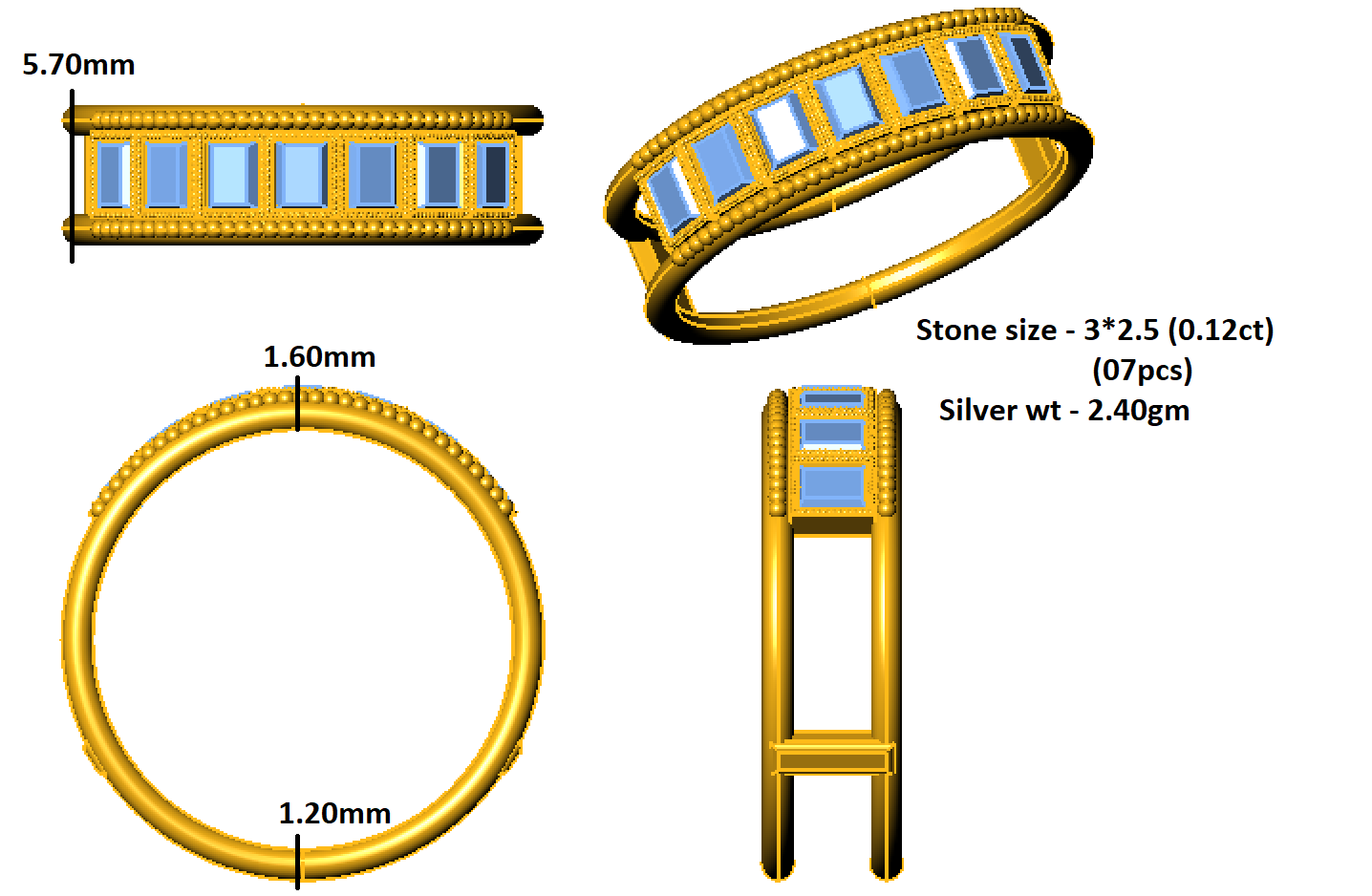 RKC 0.84 Ct Emerald Cut Moissanite Engagement Ring 925 सिल्व्हर यलो गोल्ड प्लेटेड महिलांच्या वजनासाठी 2.40gm आणि रुंदी 5.70mm