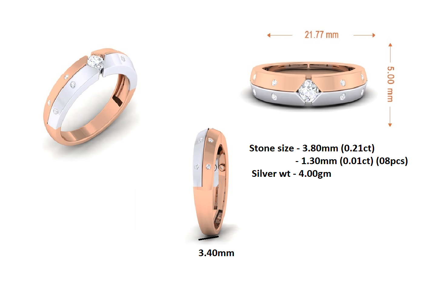 RKC રાઉન્ડ કટ મોઈસાનાઈટ મેન પ્રોમિસ બેન્ડ રિંગ 925 સિલ્વર 14K યલો ગોલ્ડ પ્લેટેડ Wt 4 gm પહોળાઈ 3.40 MM