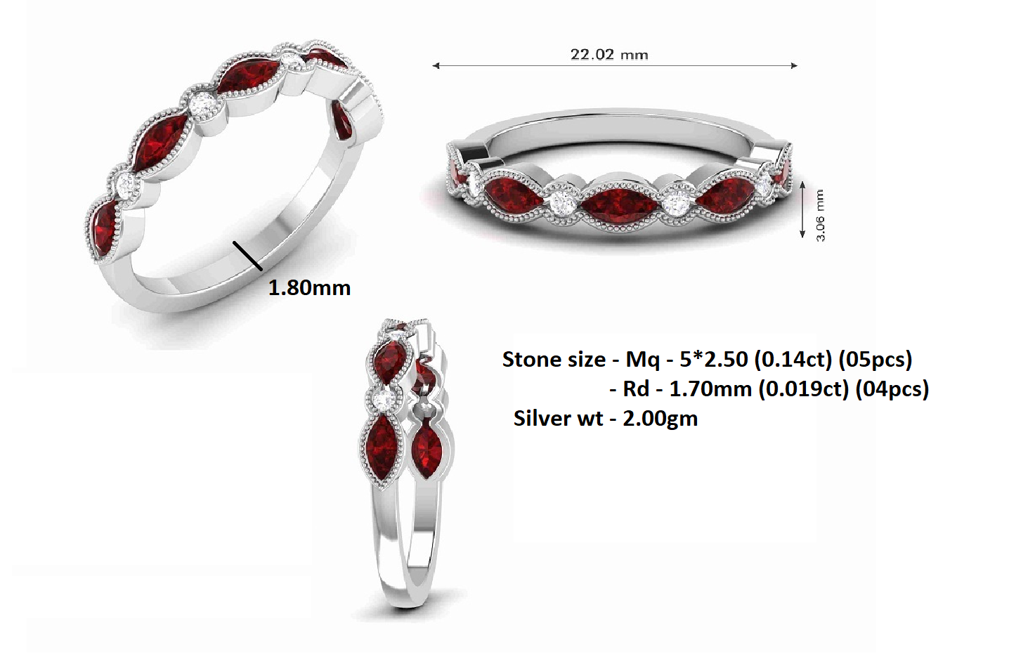 RKC Marquise Moissanite Minimalist Women Band Ring 925 Sterling Silver Ring 14K Rose Gold Plated Wt 2 gm रुंदी 1.80 MM