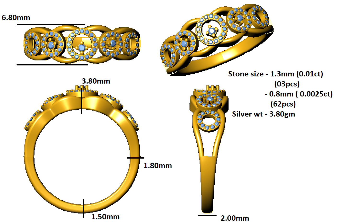 RKC Moissanite Circles Wedding Ring 925 Sterling Silver 14K Rose Gold Plated Wt 3.80 gm Width 2 MM
