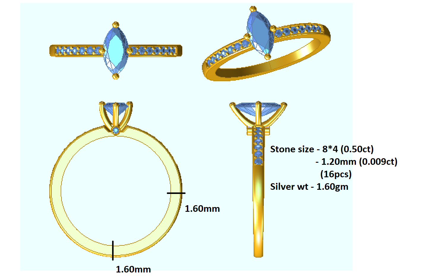 RKC Marquise Moissanite Solitaire з акцэнтамі Заручальны пярсцёнак з жоўтым пазалочаным срэбрам 925 пробы 1,60 г