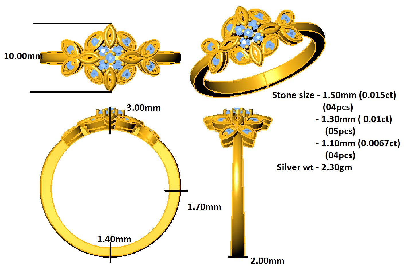 RKC Moissanite Flower Shaped Women's Ring 14K Rose Gold Plated 925 Sterling Silver Ring Wt 2.30 gm Width 2 MM