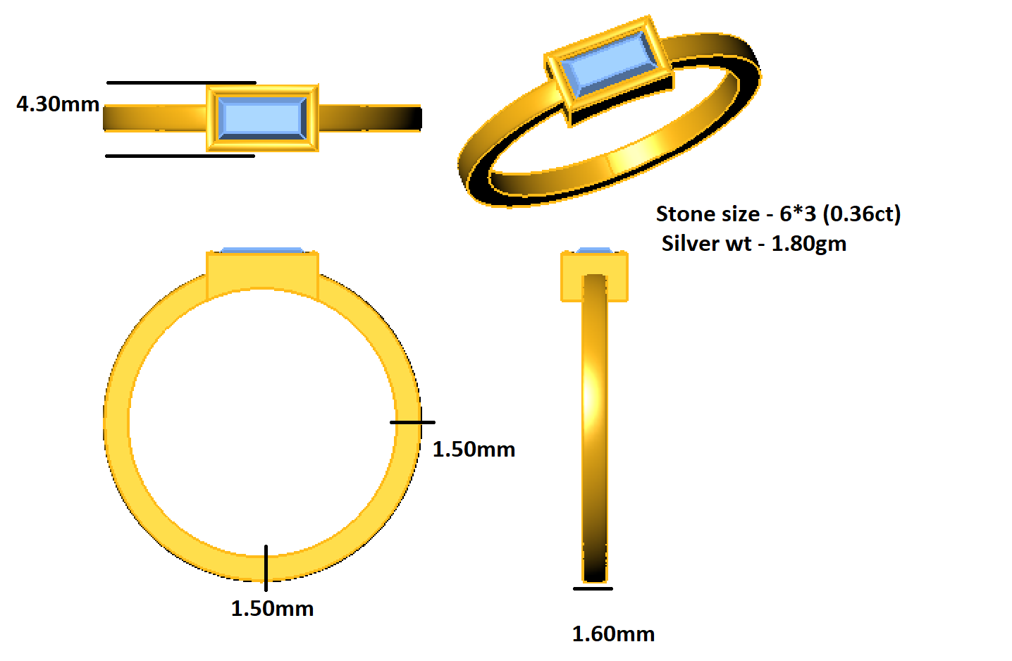 Cincin Solitaire Baguette Perak Murni RKC 925 Untuk Cincin Usulannya Berat 1,80 gram Lebar 1,60 MM