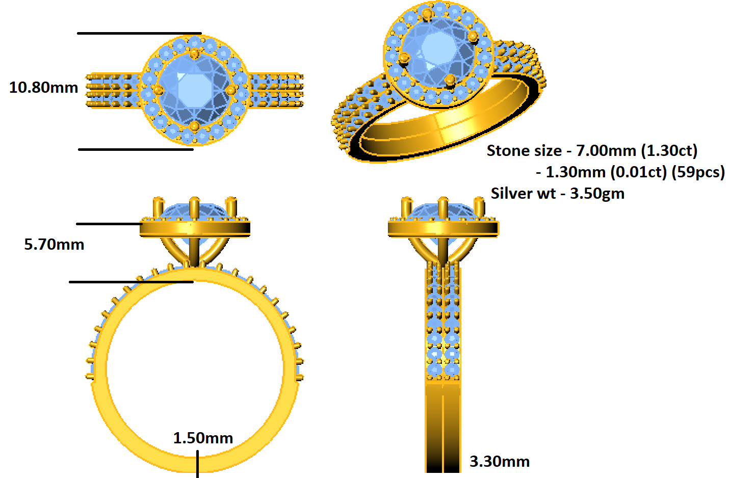 Круглы заручальны пярсцёнак з муасаніта RKC Halo Жаночы пярсцёнак са срэбра 925 пробы, пакрыццё з жоўтага золата 14 карат, Вага 3,50 г, Шырыня 3,30 мм