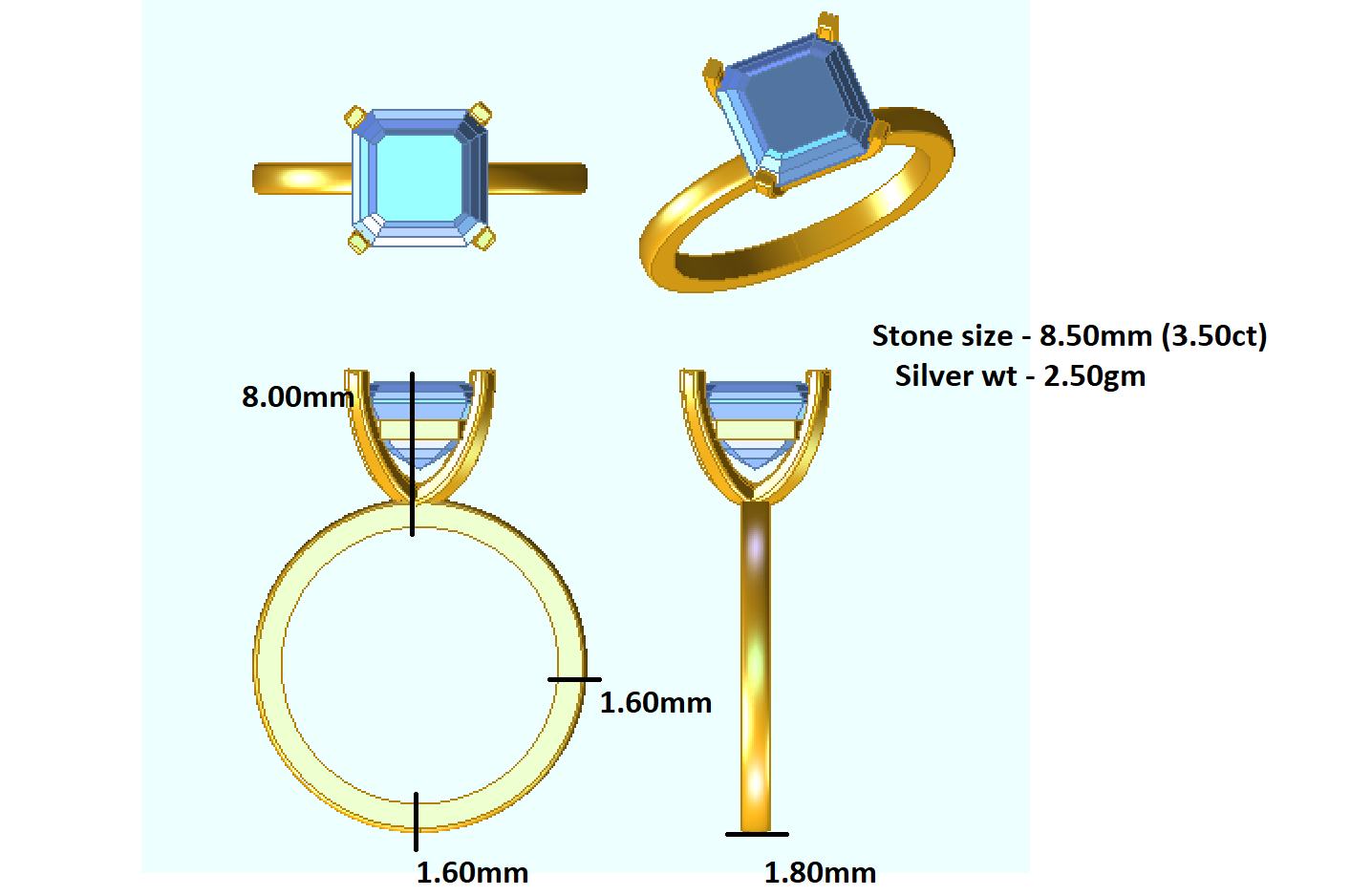 RKC 3,50 карата Саліцёрны пярсцёнак з агранкай Ашэр для жаночых заручальных пярсцёнкаў 925 пробы з ружовага пазалочанага пакрыцця Вага 2,50 г Шырыня 1,80 мм