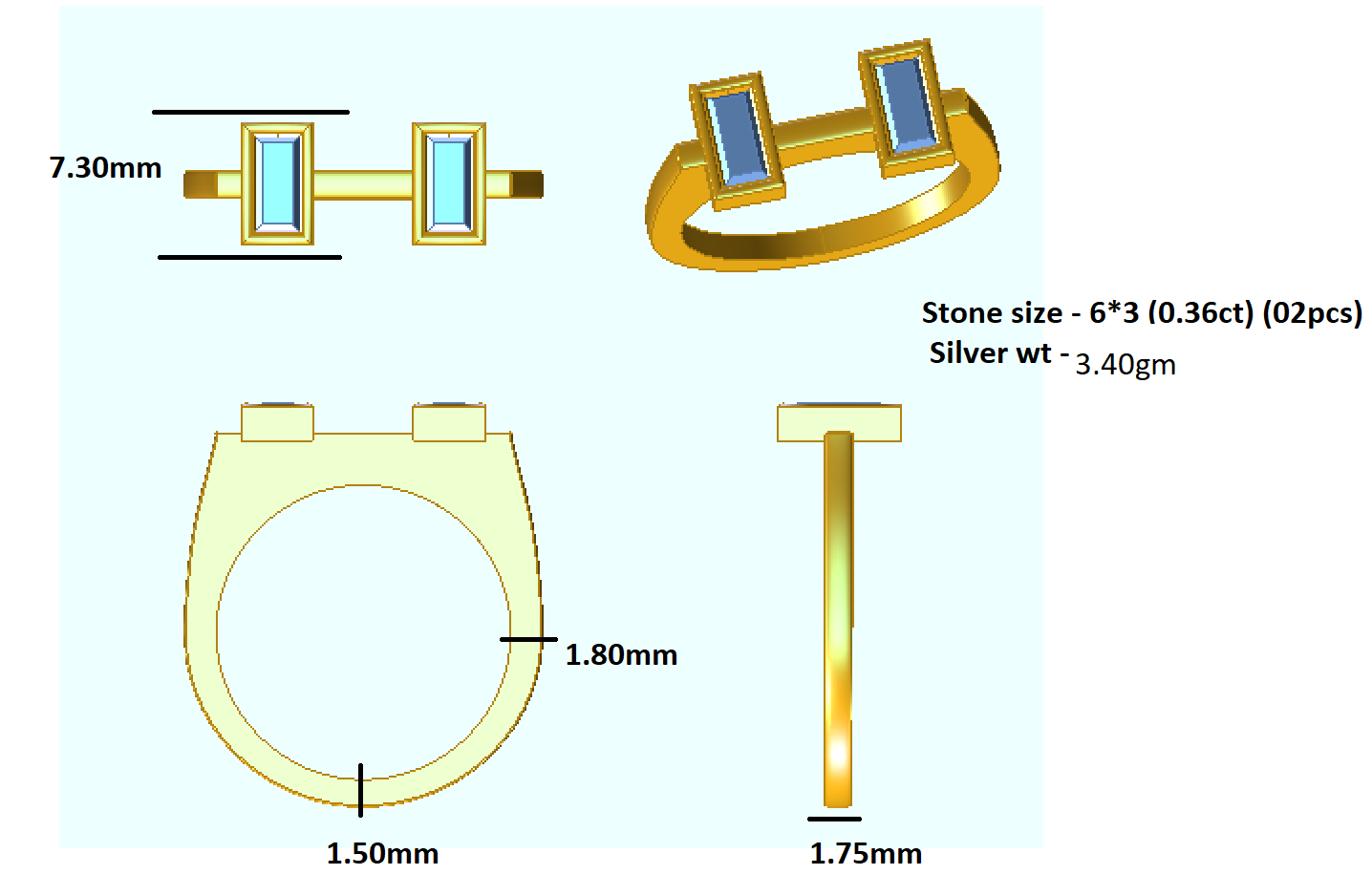 Заручальны пярсцёнак RKC са срэбра 925 пробы Кальцо з багетнай паласой з муасаніта для жанчын Вага 3,40 г, шырыня 1,75 мм