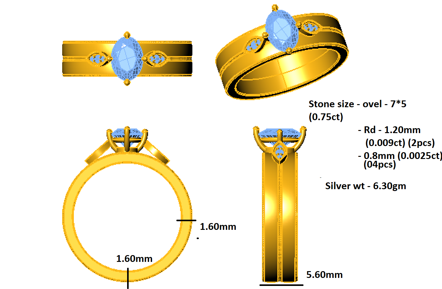Пярсцёнак RKC Wide Solitaire With Accents Band Ring, срэбра 925 пробы, пакрыццё з жоўтага золата 14 карат, Вага 6,30 г, Шырыня 5,60 ММ