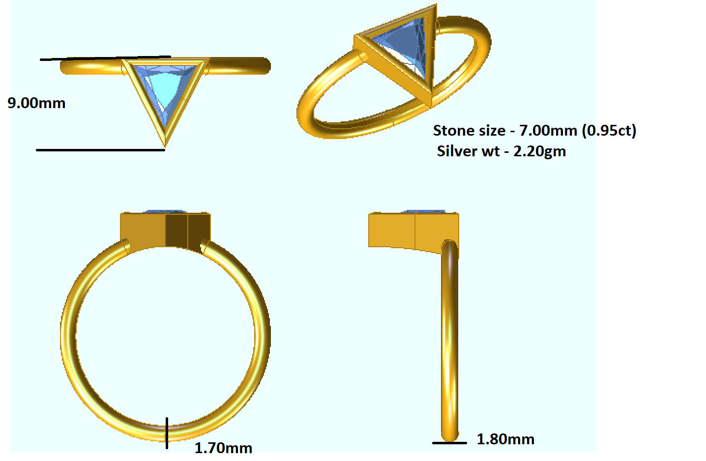 Жаночы заручальны пярсцёнак RKC Trillion Cut, срэбны пярсцёнак 925 пробы, пакрыццё з белага золата 14 карат, вага 2,20 г, шырыня 1,80 мм