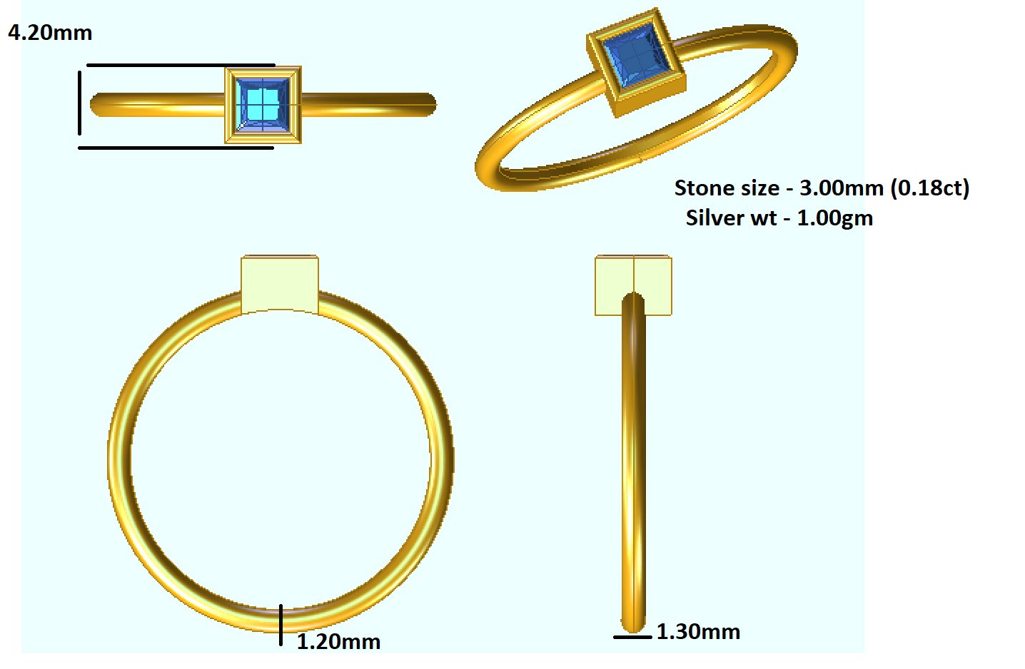 Заручальны пярсцёнак-пас'янс саліцёр са срэбрам 925 пробы з пакрыццём з ружовага золата 14 карат, вага 1 г, шырыня 1,30 мм.