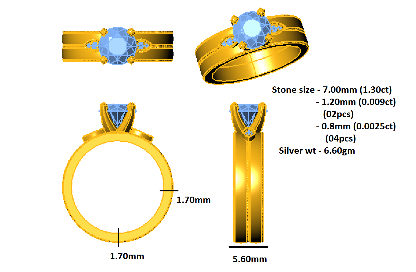 RKC Round Moissanite Solitaire With Accents Women Silver Ring 14K Yellow Gold Plated Wt 6.60 gm Width 5.60 MM