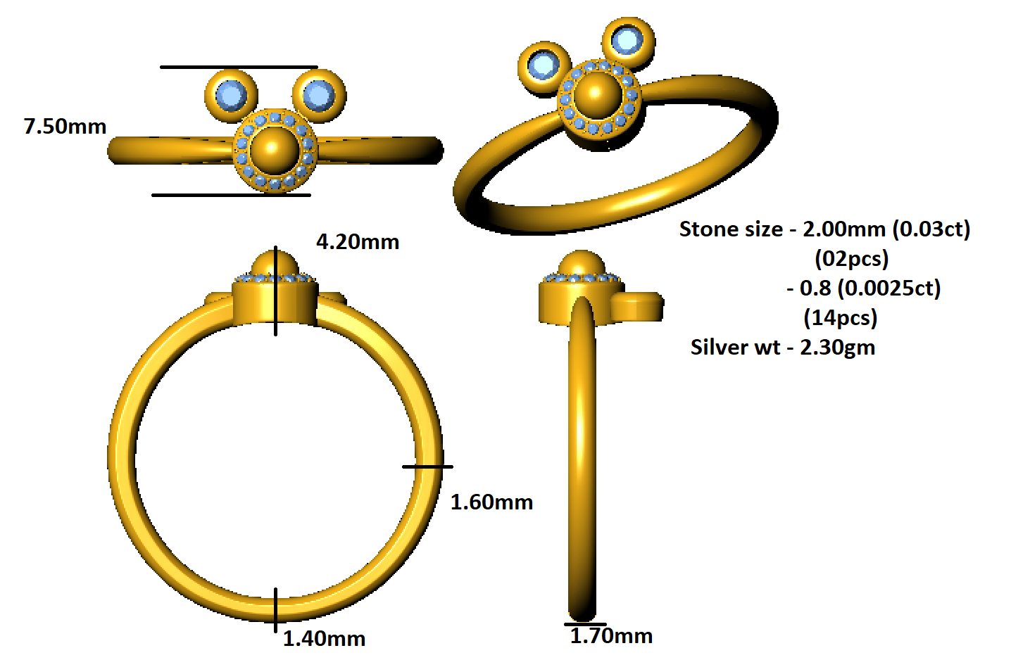 خاتم مويسانيتي صغير لطيف من RKC خاتم فضة 925 للنساء مطلي بالذهب الأصفر عيار 14 وزن 2.30 جرام عرض 1.70 ملم