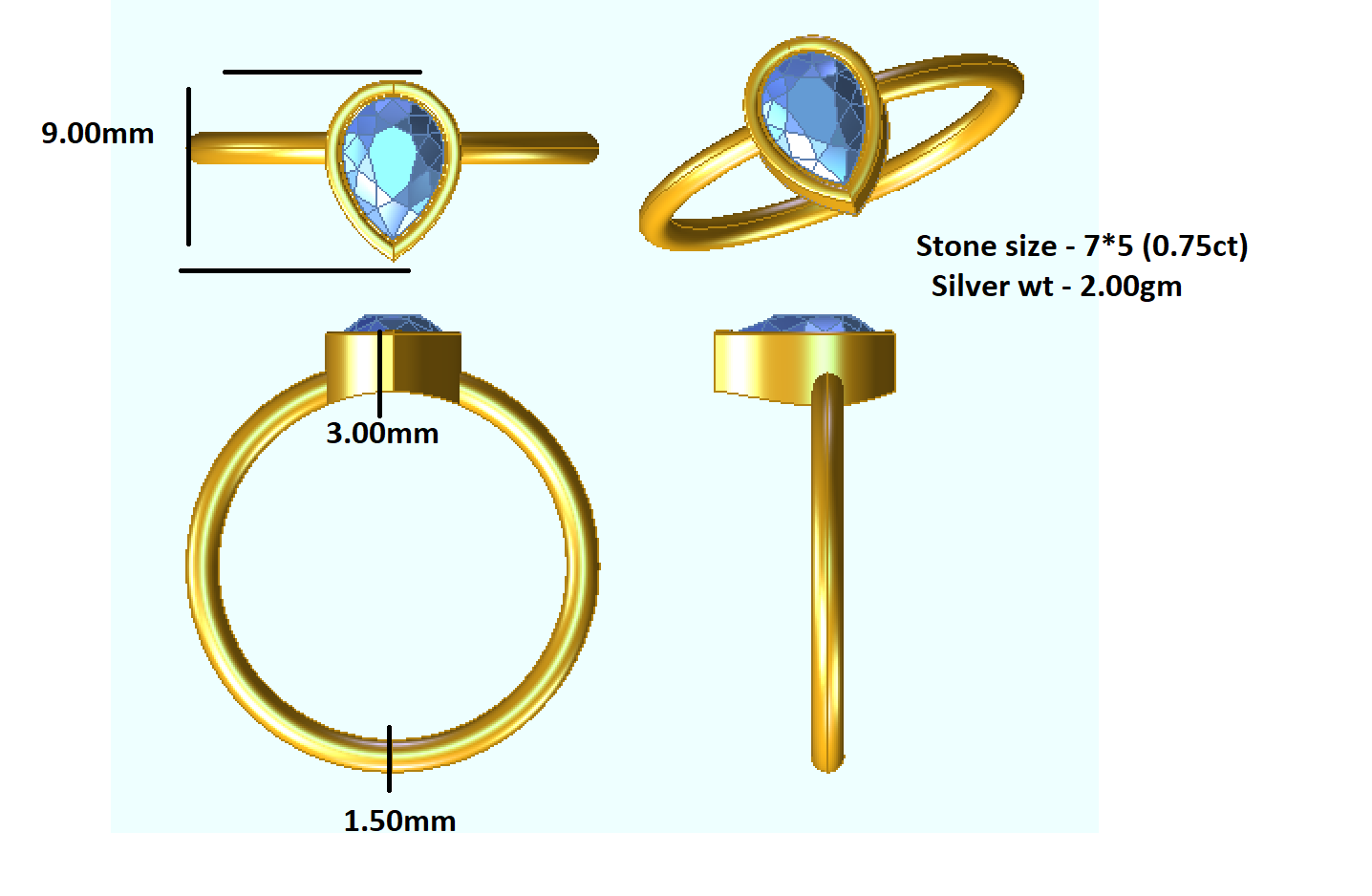 Заручальны пярсцёнак RKC Pear Cut Solitaire Moissanite для яе з срэбра 925 пробы, 14-каратнае ружовае пазалота, маса 2 г