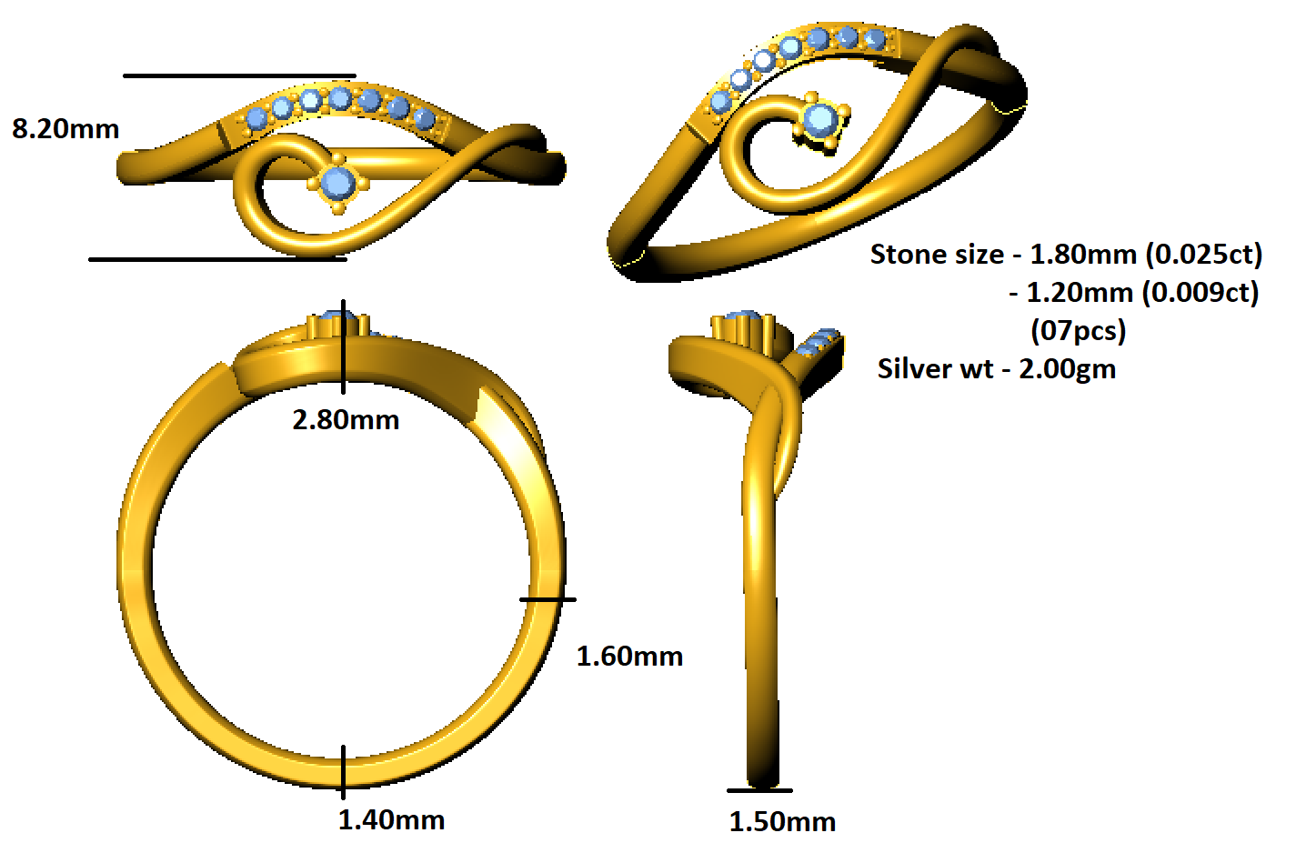 RKC Moissanite Round Cut Women Leaf Ring 925 Sterling Silver Yellow Plated Wt 2 gm Width 1.50 MM