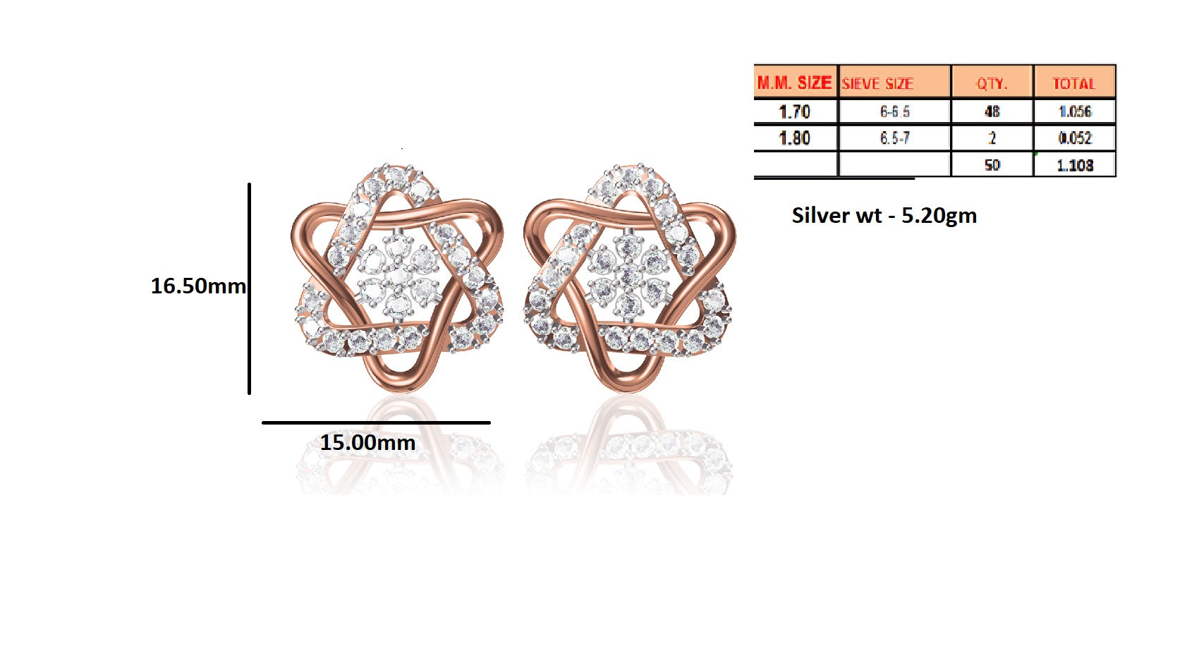 Жаночыя завушніцы з стерлингового срэбра RKC 925, 14-каратная ружа над прадуктам, вага 5,20 GM, вышыня 16,50 мм