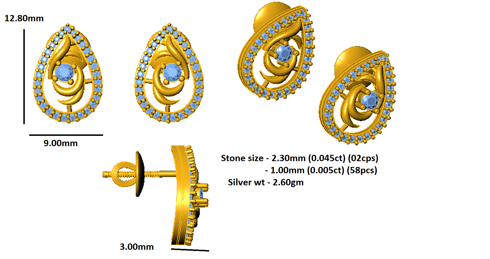 RKC 925 стерлингового срэбра Жаночыя жаночыя завушніцы грушападобнай формы 14 карат Жоўты над прадуктам Вага 2,60 GM Вышыня каменя 12,80 мм