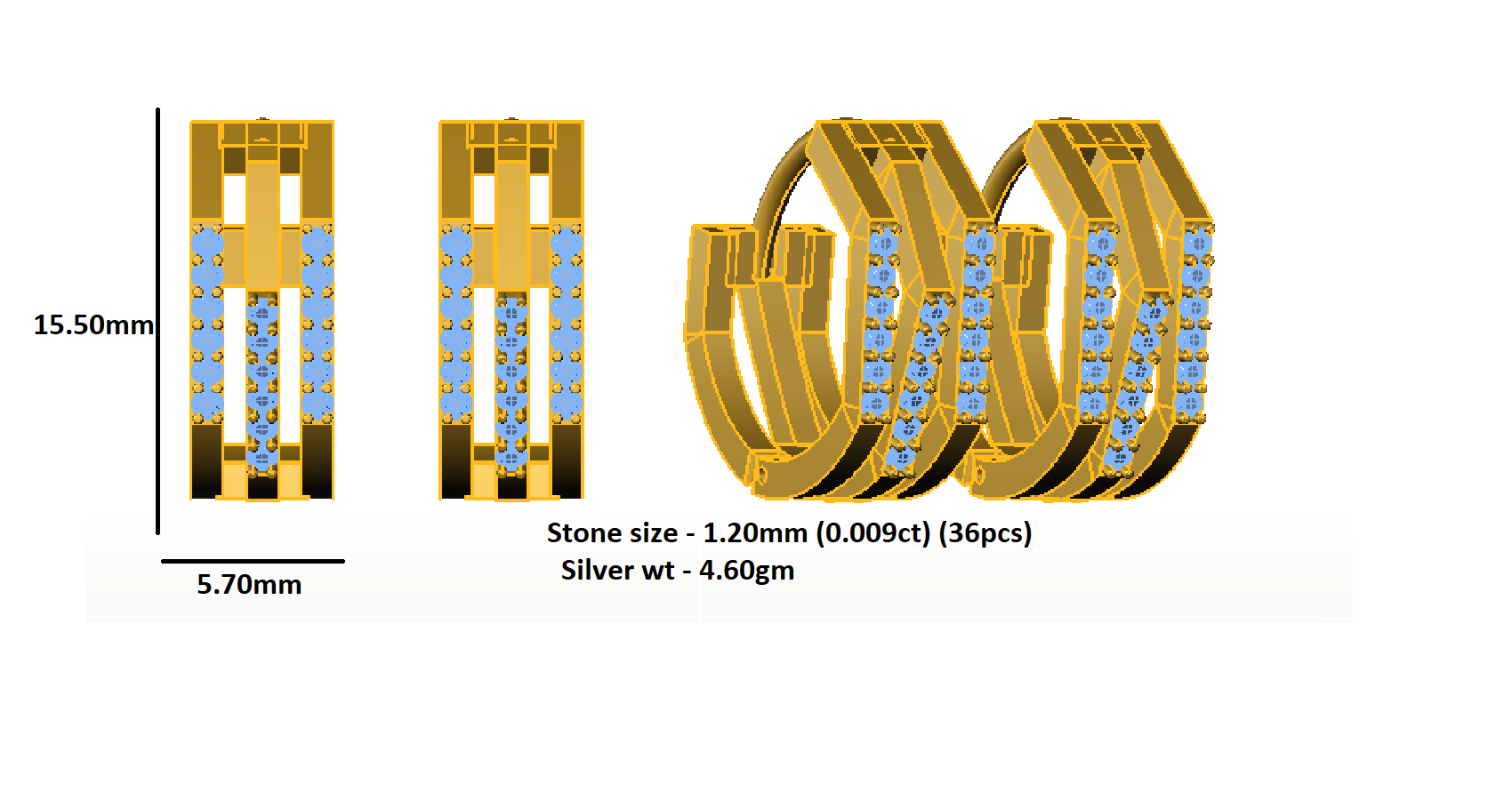 RKC 925 Sterling Silver Up and Down Three Row Hoop Women Earring 14k Yellow Over Product Wt 4.60 GM Height 15.50 MM