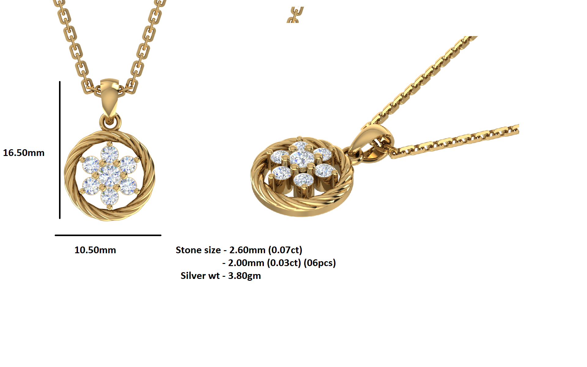 RKC 0.25Ct मॉइसॅनाइट फ्लोरल पेंडंट 925 चांदीचे दागिने 14K पिवळा सोन्याचा मुलामा असलेला Wt 3.80gm उंची 16.50mm