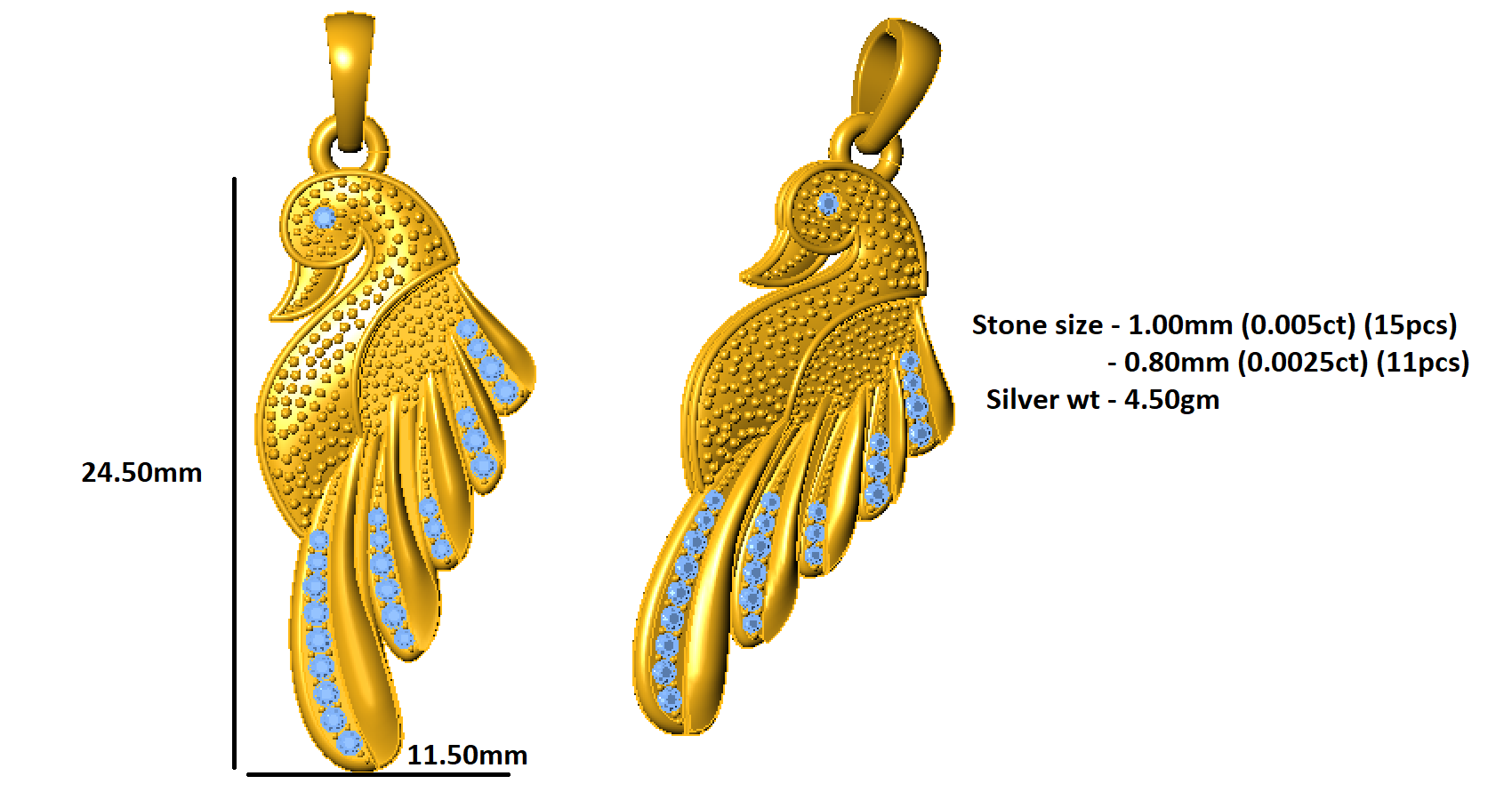 RKC 0.10Ct Moissanite Swan Charm Pendant Necklace 925 Silver Jewelry 14K Rose Gold Plated Wt 4.50gm Height 24.50mm