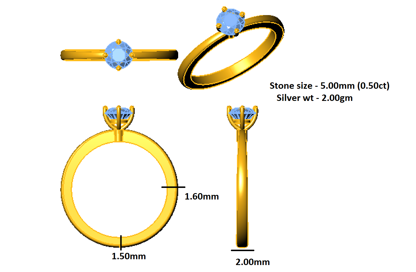 RKC 0.50 カラット ラウンド カット モアッサナイト エンゲージメント リング 925 シルバー 14K ローズゴールドメッキ 女性用 重量 2gm および幅 2mm