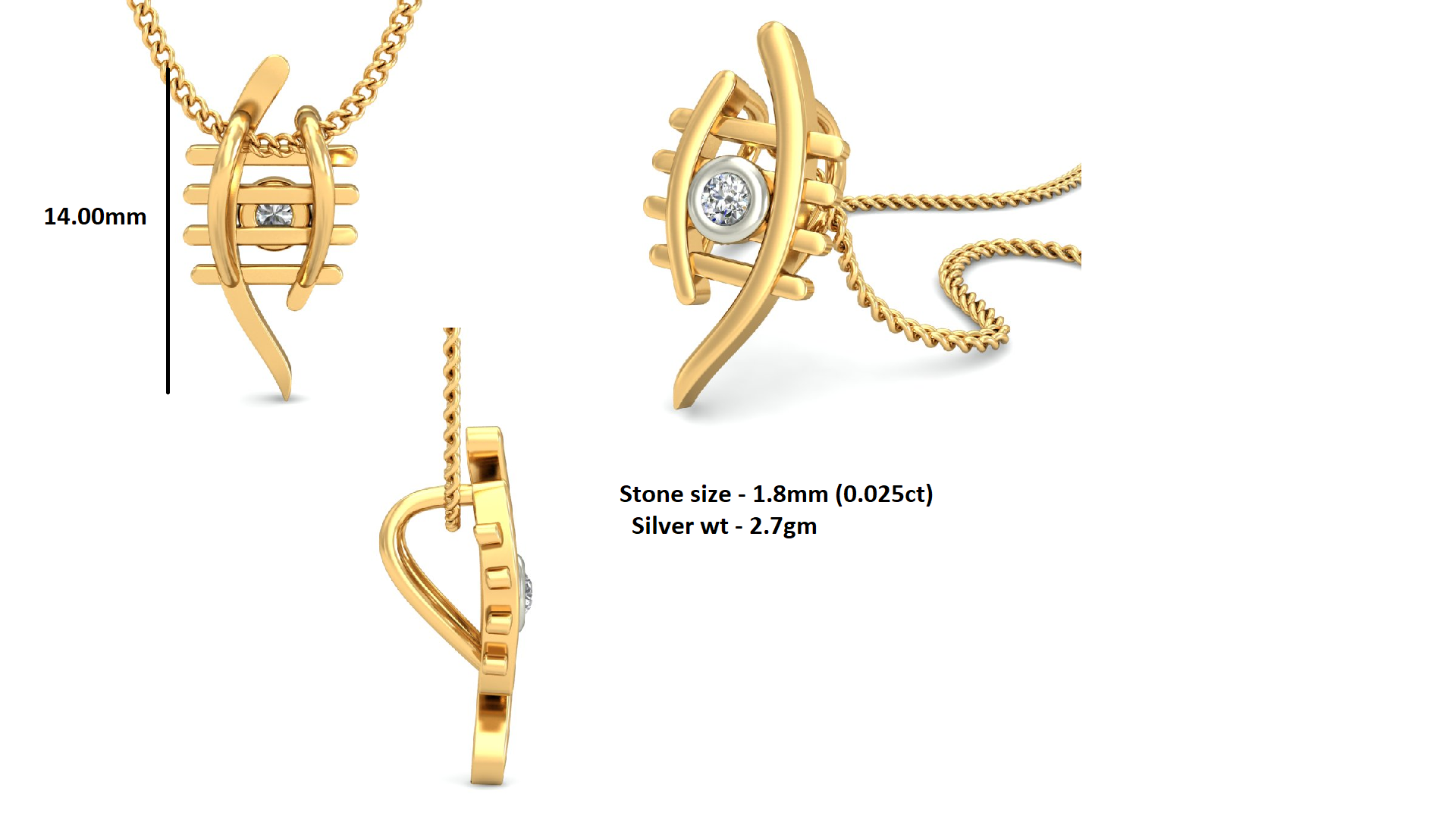 RKC Evil Eye Argent Femmes 0,025 CT Moissanite Pendentif Or Jaune 14K Finition Chaîne Gratuite Poids 2,7 g Hauteur 14 mm