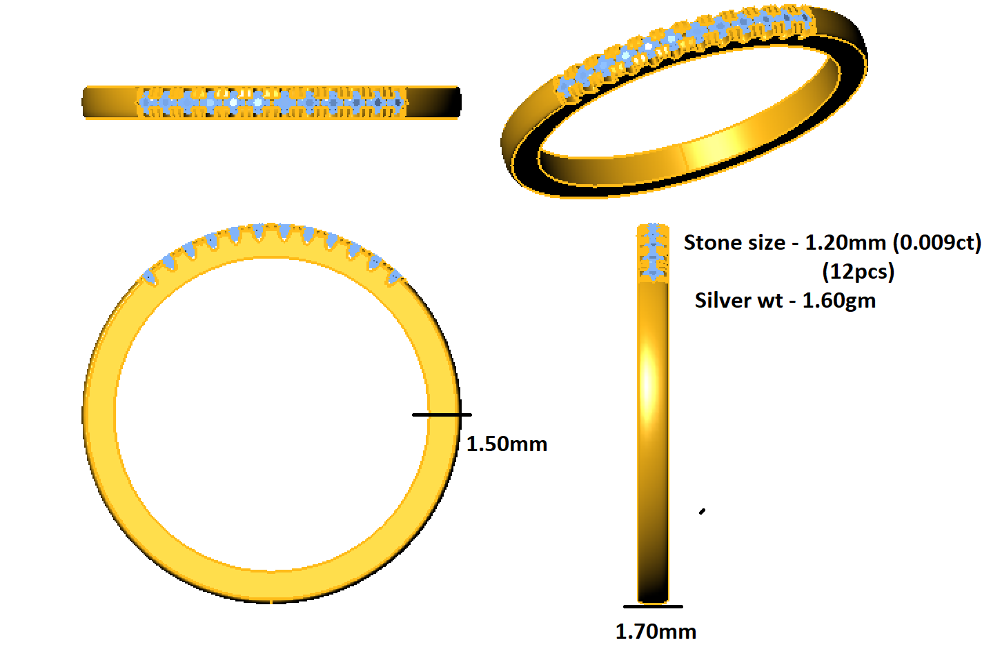 RKC Moissanite Half Eternity Promise Band 925 Sterling Silver 14K Yellow Gold Over Band Ring For Her Wt 1.60 gm Width 1.70 MM