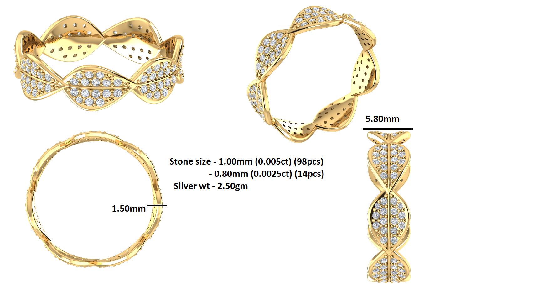 RKC 0.52Ct Round Moissanite Eternity Leaf Engagement Ring 925 Silver 14K Yellow Gold Plated For Women's Wt 2.50gm