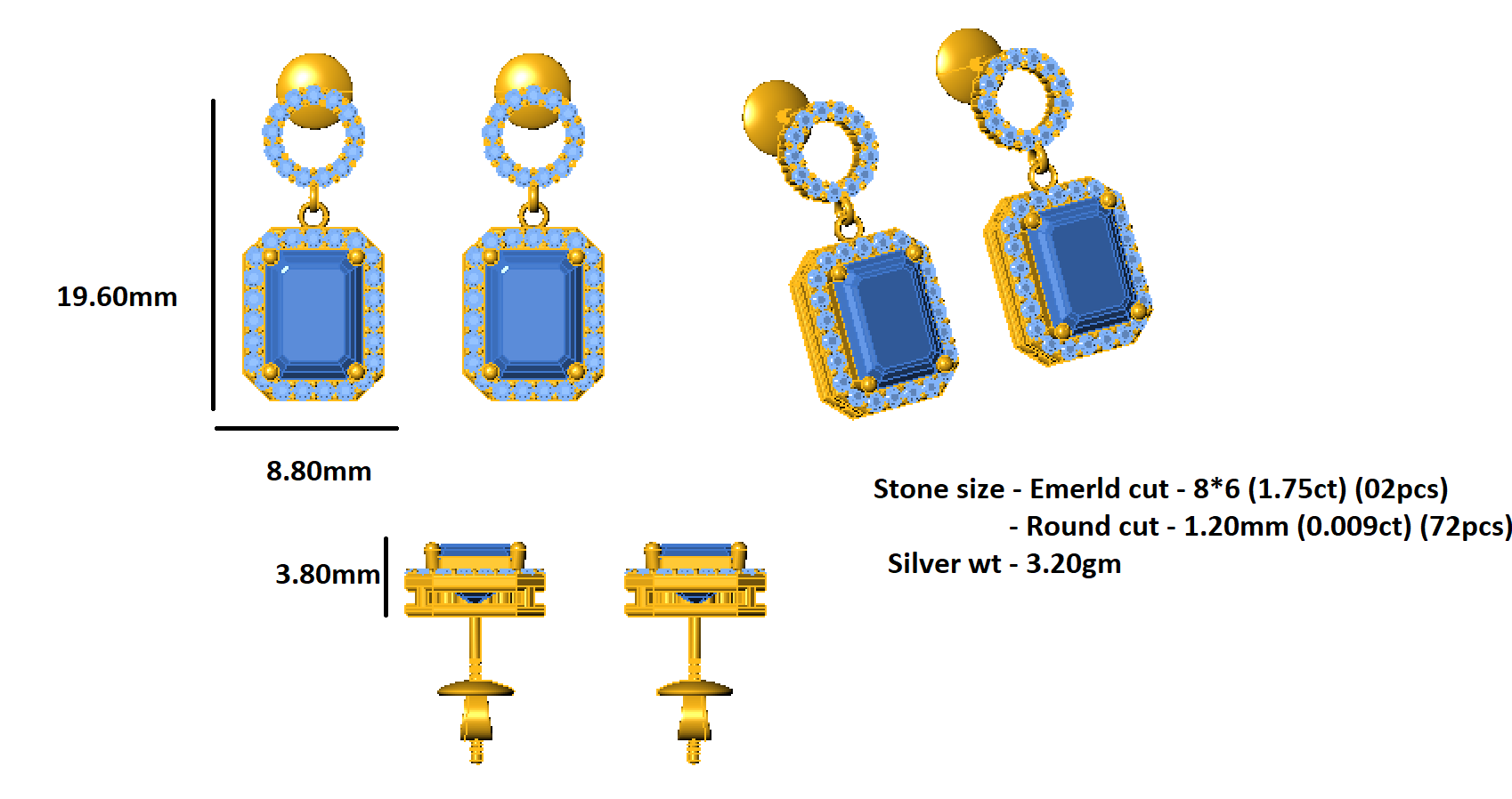 RKC 925 Sterlingsølv Drop Dangle Halo Øredobber for kvinner 14 k gult gull over vekt 3,20 Høyde 19,60 mm