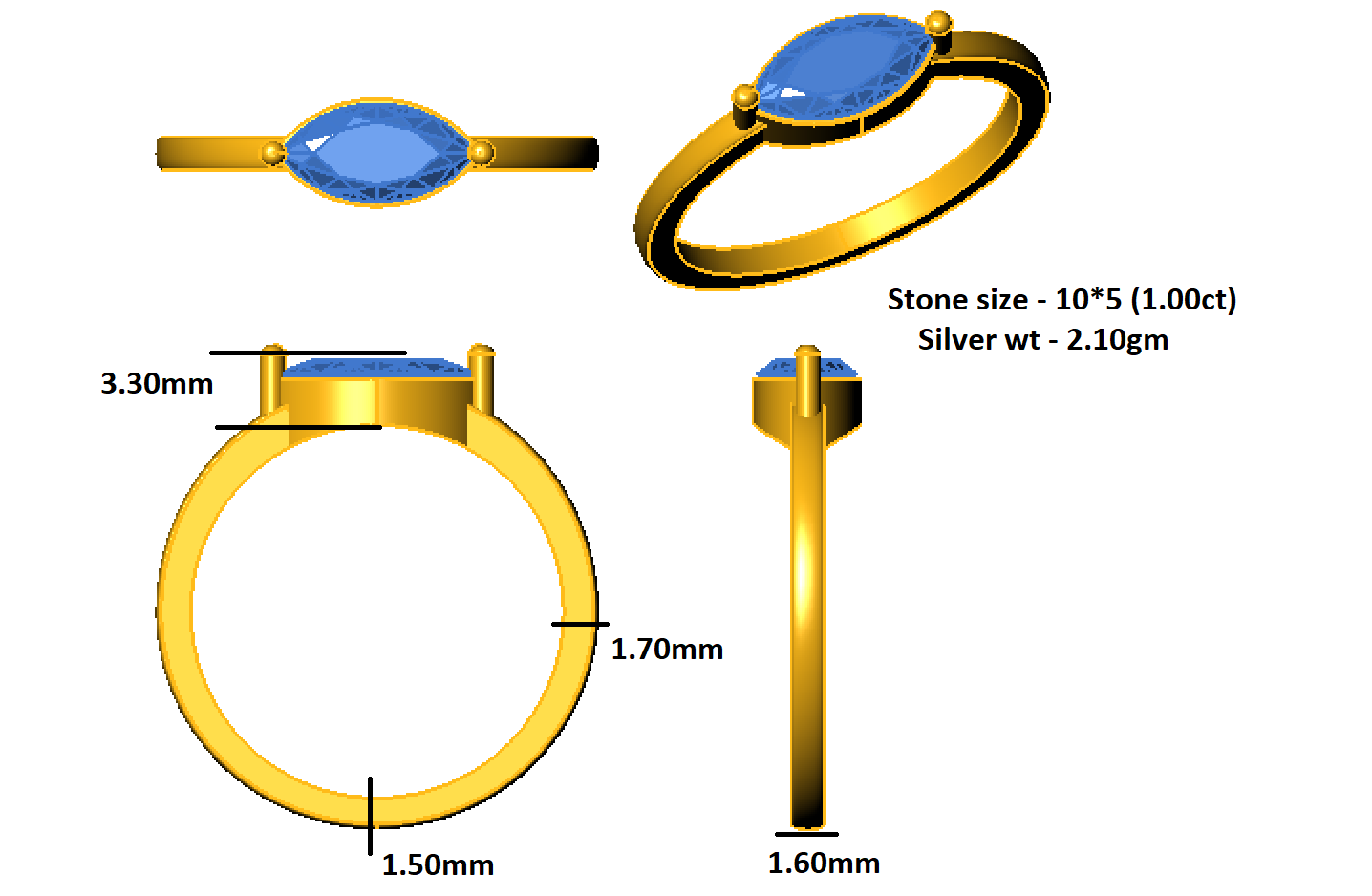 Жаночы заручальны саліцёрны пярсцёнак RKC Marquise Moissanite з срэбра 925 пробы з пакрыццём з жоўтага золата 2,10 г, шырыня 1,60 мм