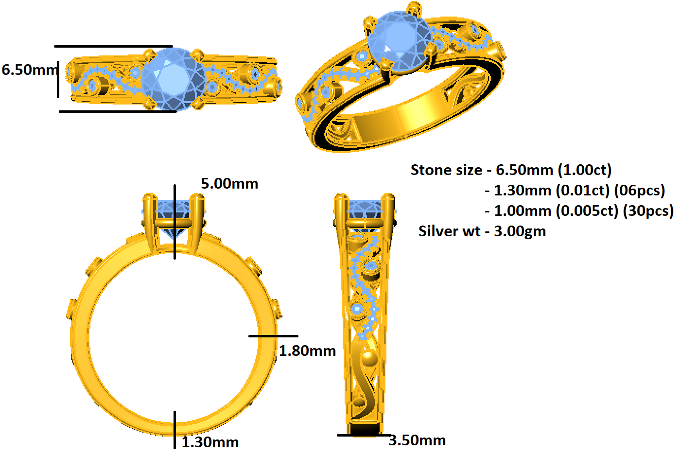 RKC Moissanite Miligrain Solitaire Wedding Band Ring 925 Silver Gold Plated Wt 3 gm Width 3.50 MM