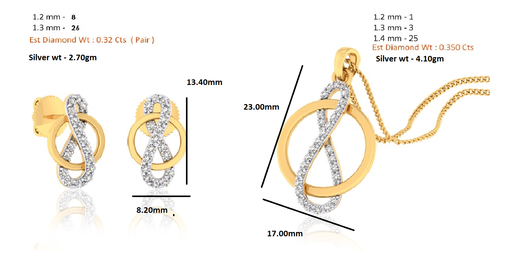 RKC 925 срэбра, золата, 0,67 карата, кулон з муасаніта, вага 4,10 г і завушніцы 2,70 г, камплект з пакрыццём з жоўтага золата 14 карат