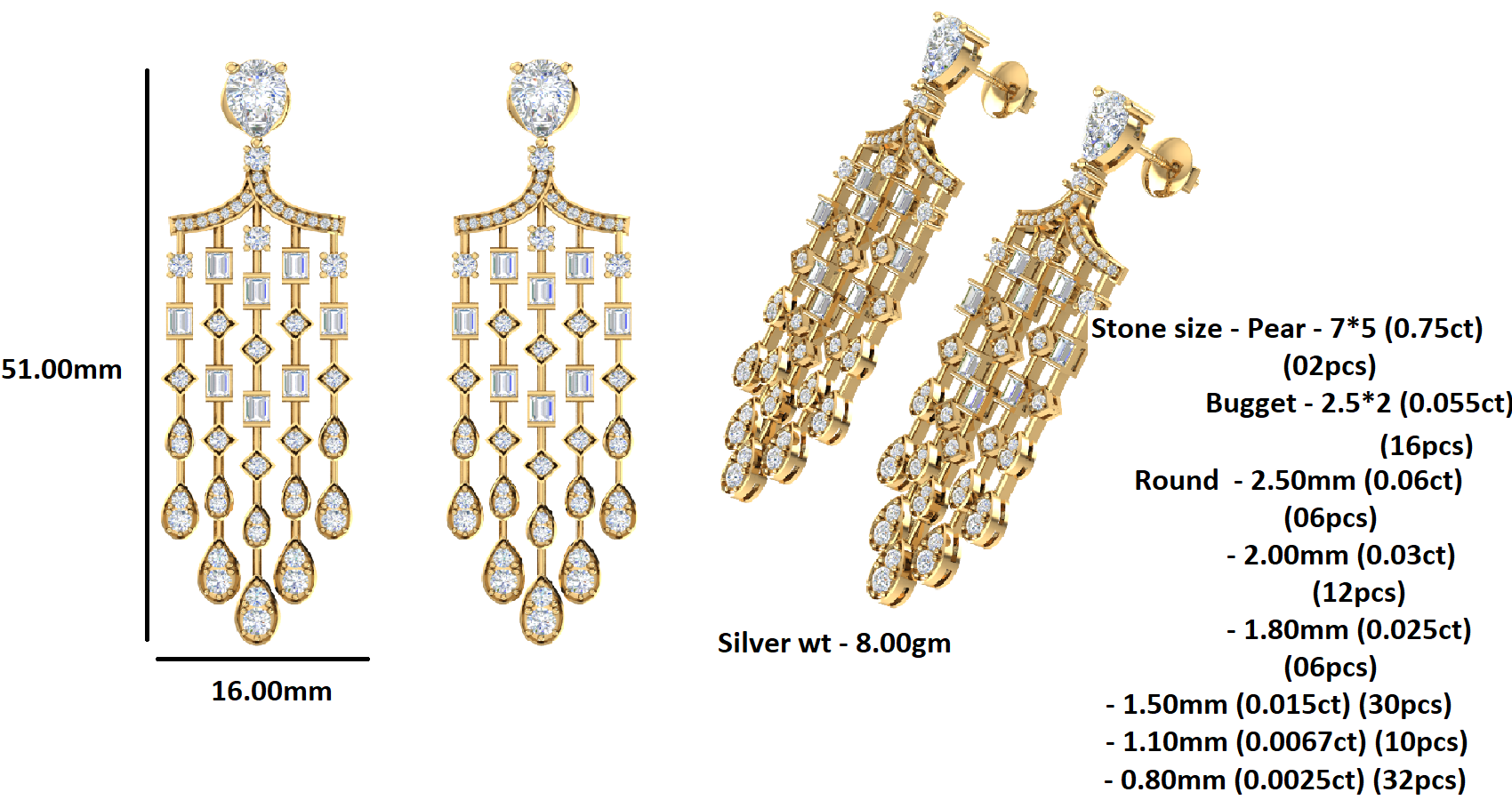 RKC 925 Sterling Silver Drop Dangle Halo Women Earring 14k Yellow Gold Over Wt 8.00 GM Height 51.00 MM