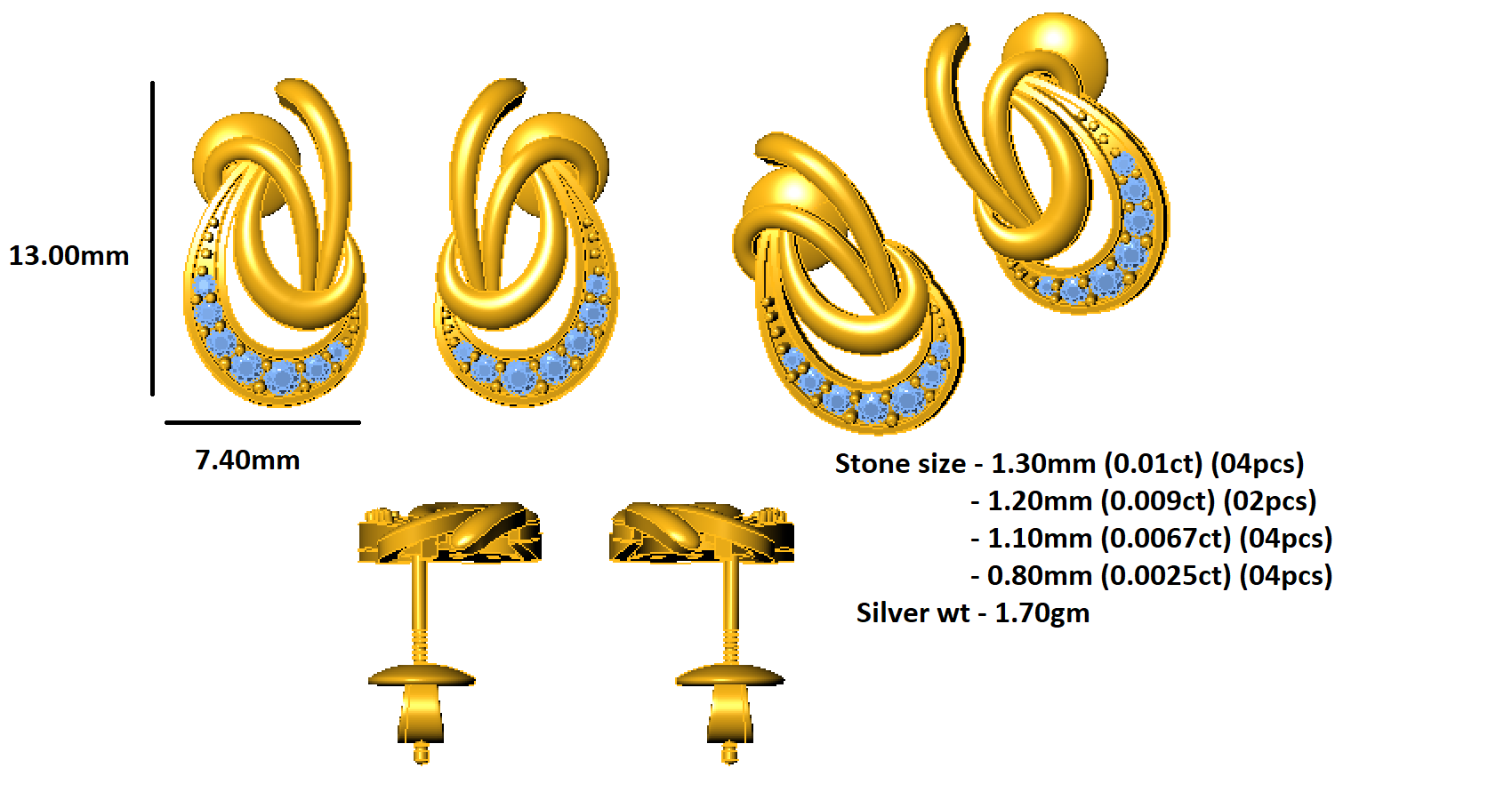 RKC 925 стерлингового срэбра Жаночыя завушніцы-гваздзікі 14-каратная ружа над вырабам Вага 1,70 GM Вышыня 13,00 мм
