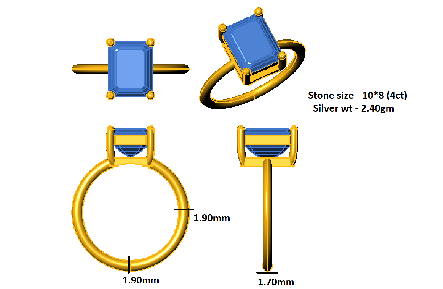 RKC 4-каратны заручальны пярсцёнак саліцёр з прамяністай агранкай Муассаніт, пакрыццё з белага золата 14 Вага 2,40 г і шырыня 1,70 мм