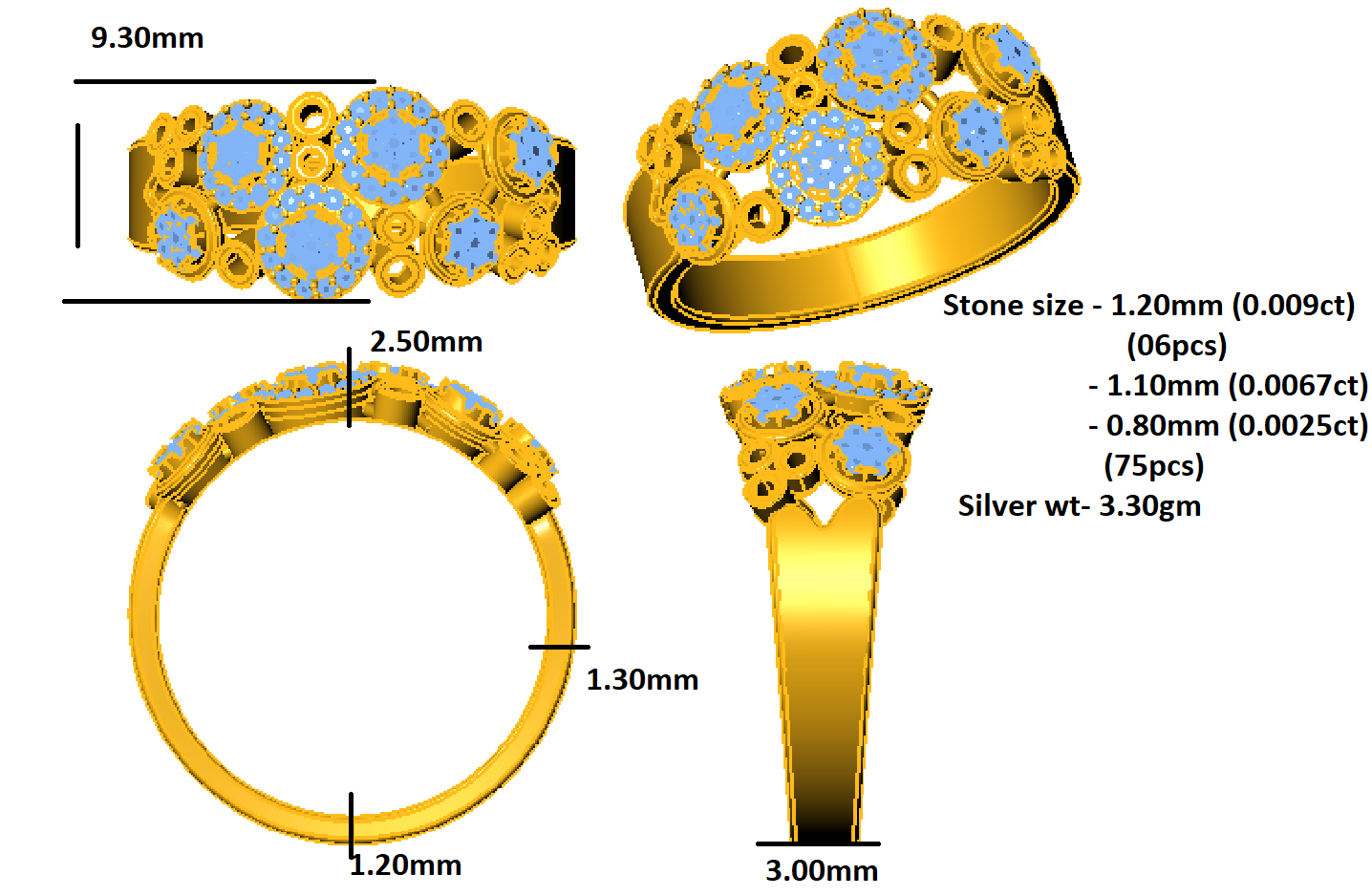 RKC Moissanite Floral Circle Wedding Ring 925 Silver 14K Yellow Gold Plated Band Wt 3.30 gm 3 MM