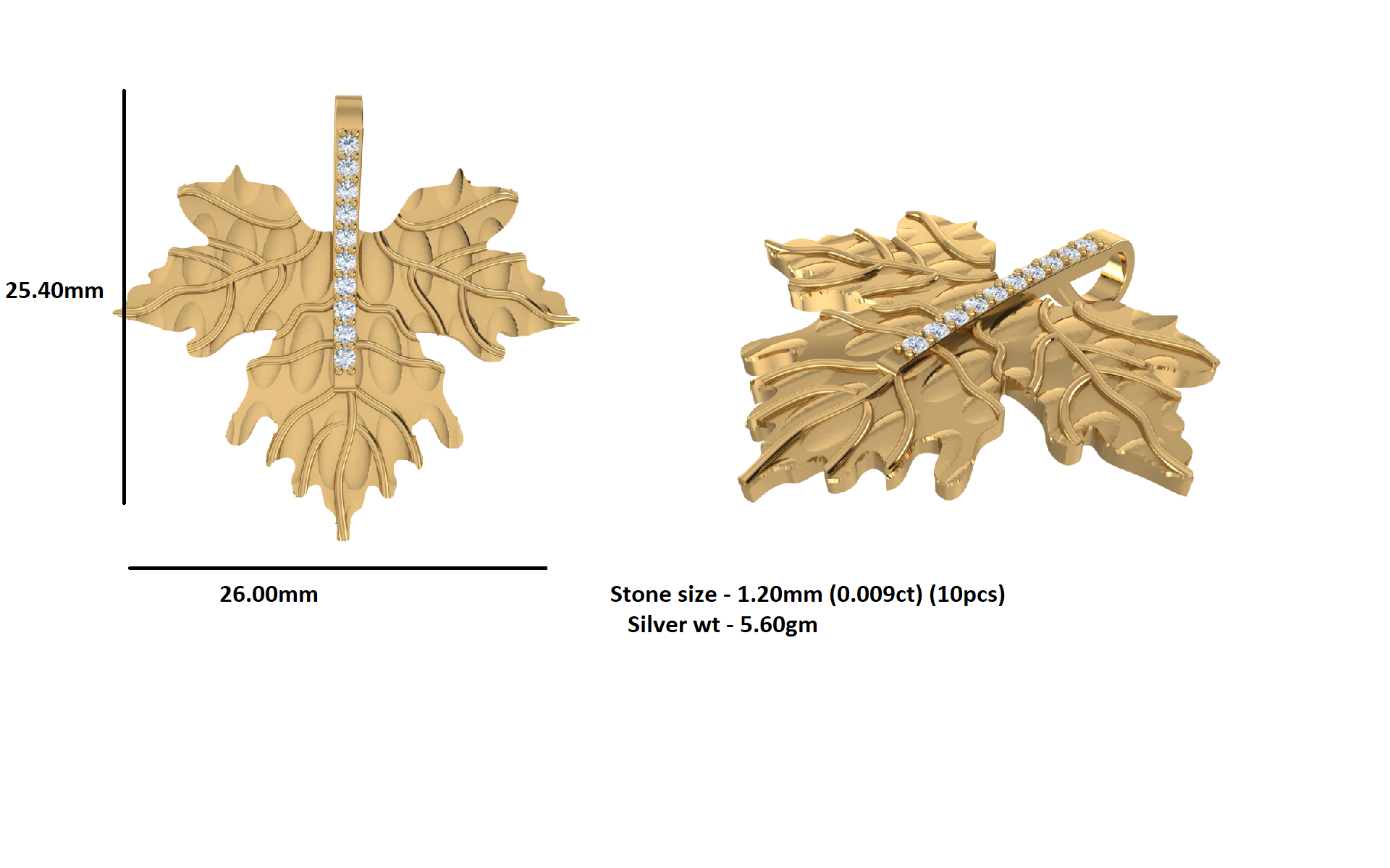 RKC 0.09Ct Moissanite Leaf Pendant 925Silver Jewelry 14K Yellow Gold Plated Wt 5.60gm Height 24.40mm