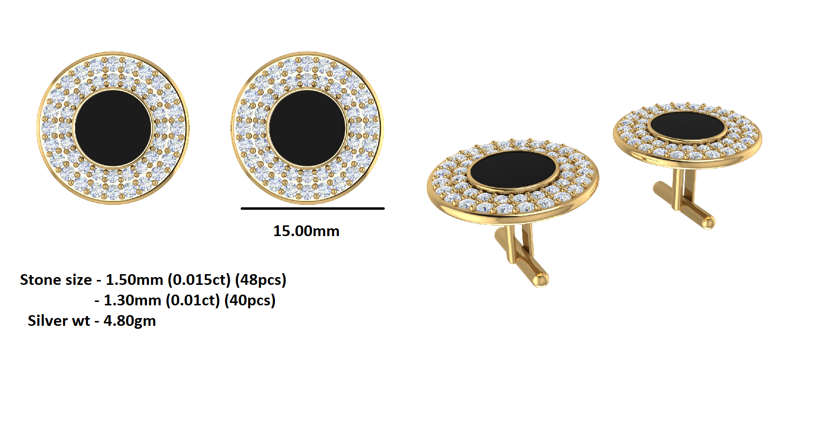 RKC モアッサナイト 925 スターリング シルバー カフリンクス 14K イエロー ゴールド メッキ製品 重量 4.80 gm