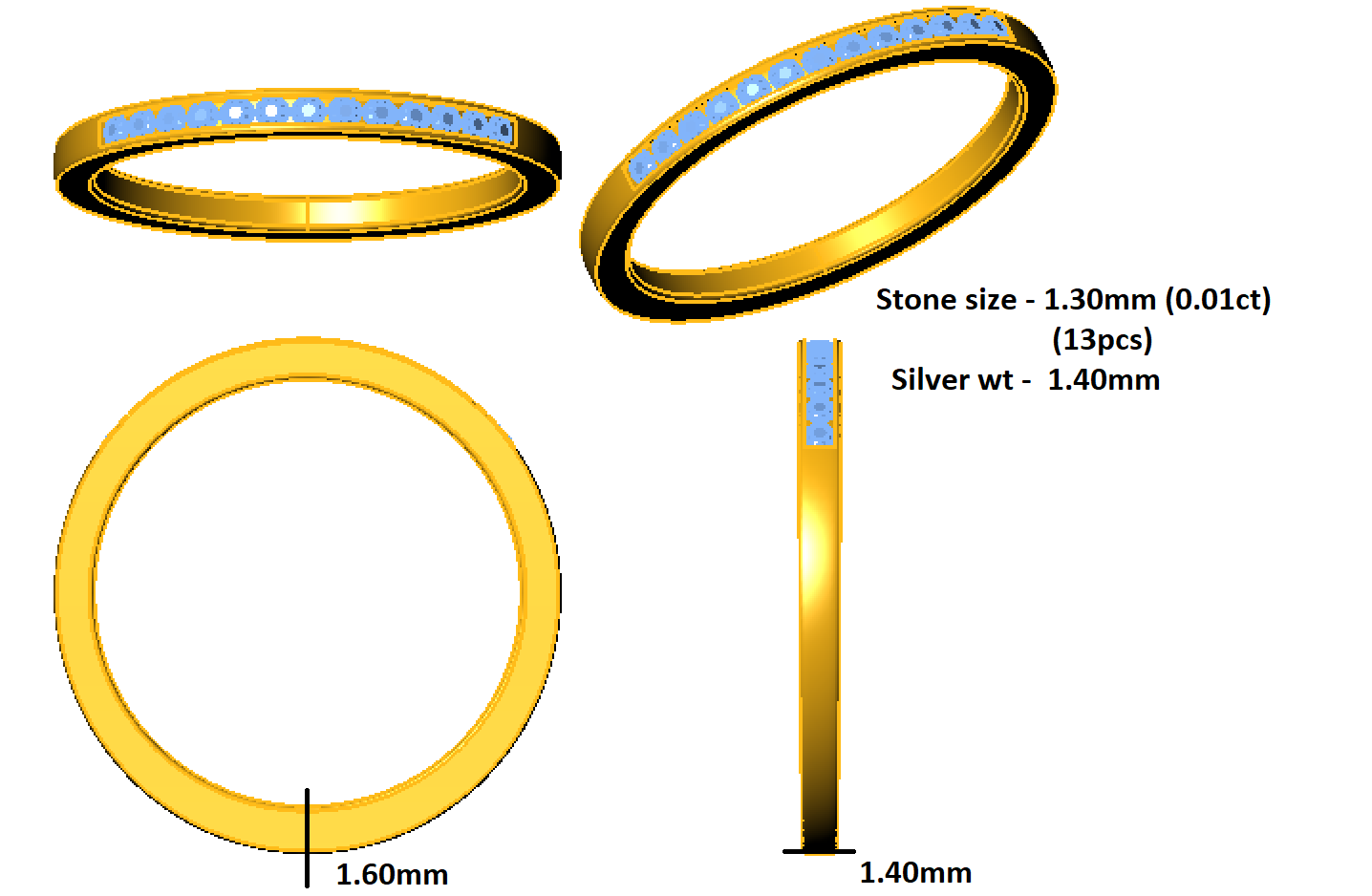 RKC Муассаніт, круглая агранка, адпаведны накладны пярсцёнак, раменьчык з стерлингового срэбра 925 пробы, пакрыццё з жоўтага золата 14 карат, вага 1,40 г, шырыня 1,40 мм