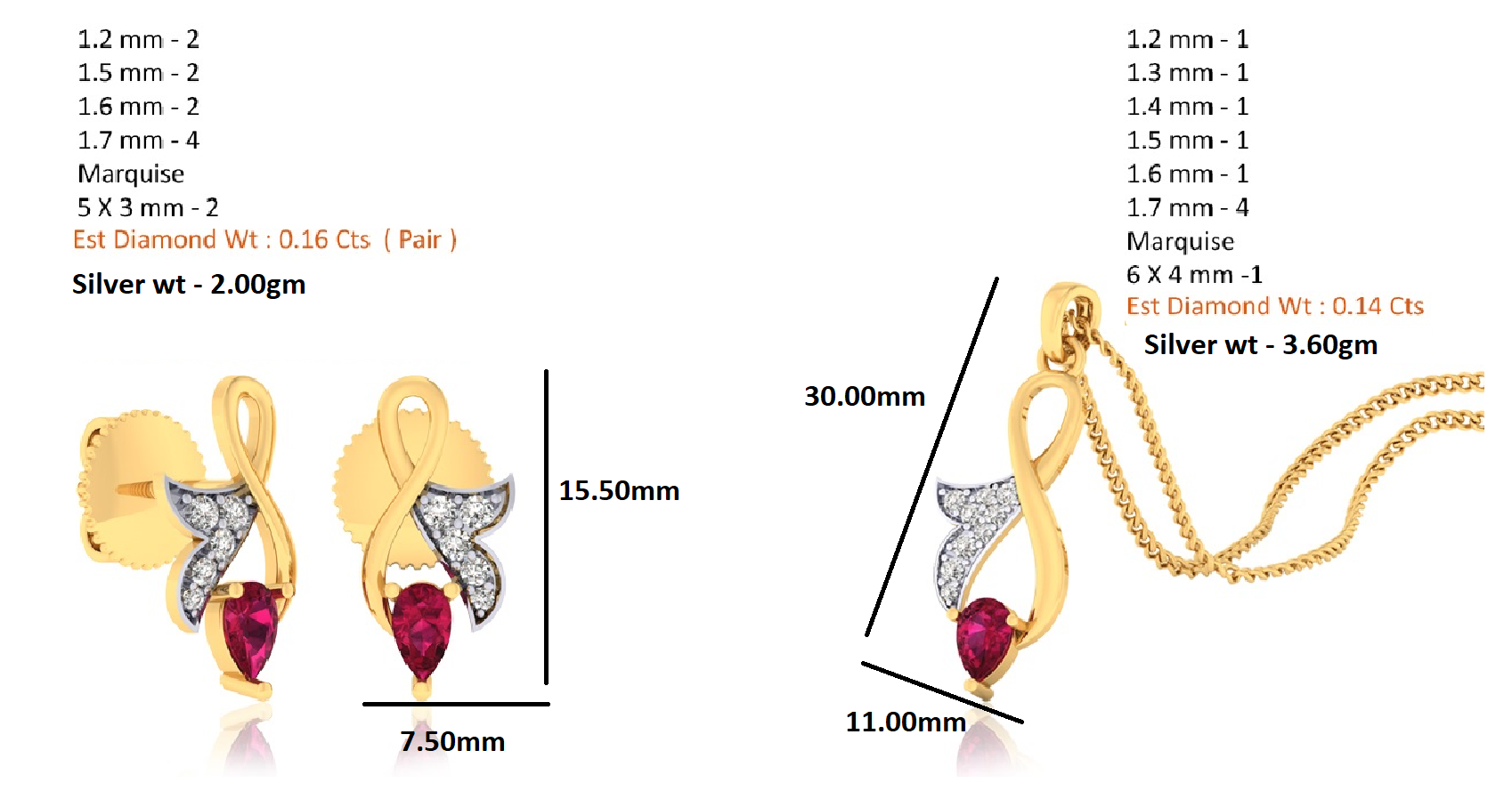 RKC 925 Silwer Goue Totaal 0.30Ct Moissanite Hanger Wt 3.60gm En Wt Oorring 2.00gm Stel Met 14K Geelgoud Geplateerd