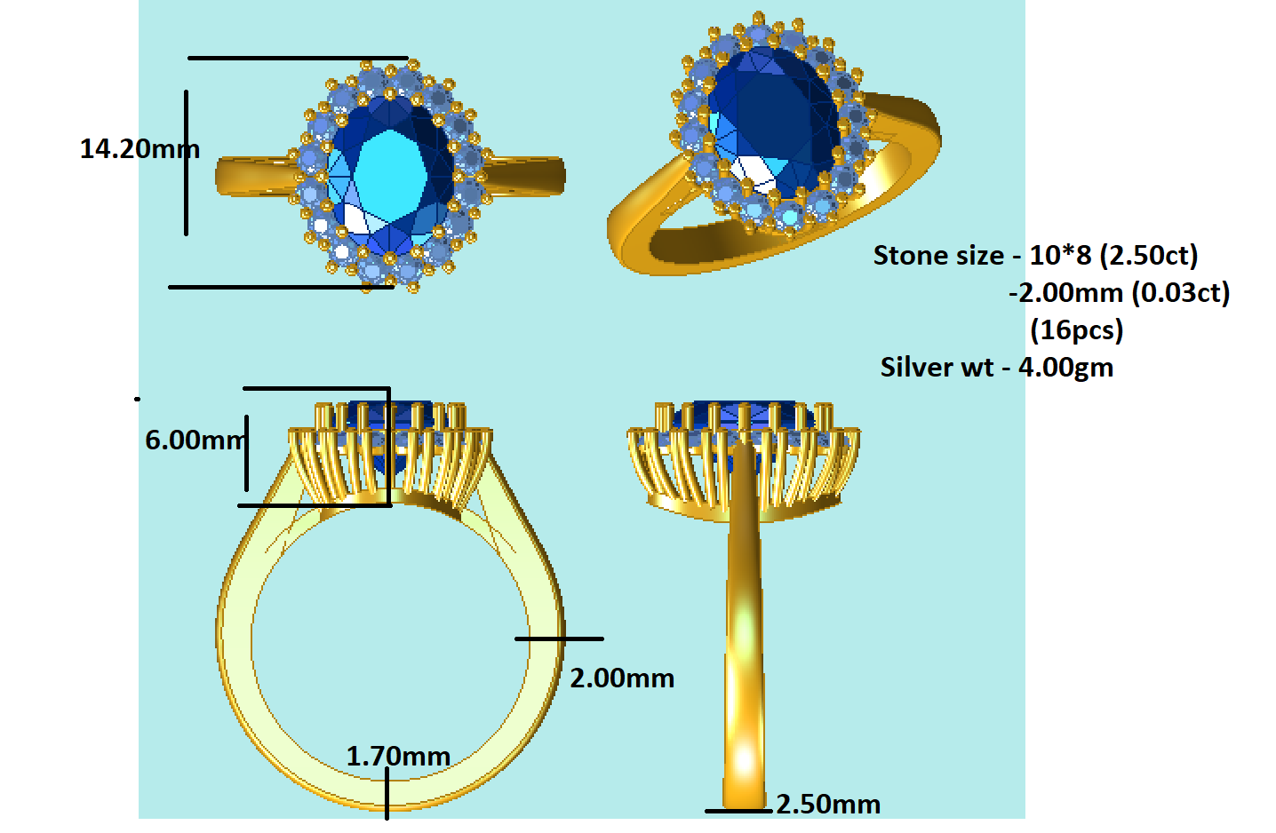 RKC Oval Cut Moissanite Halo Wedding Anniversary Ring 925 Sterling Silver 14K Yellow Gold Plated Wt 4 gm Width 2.50 MM